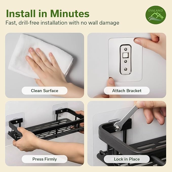 EVALAND Self Adhesive Shower Caddy Organizer 2-Pack No-Drill Storage | Hooks and Rod for Towels, Shower Shelves for Inside Shower, Bathtub Shelf, Rustproof, Rack, Easy Installation, Sturdy