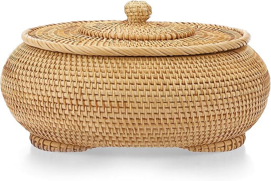 Hipiwe Round Rattan Boxes with Lid, X-Large Woven Bread Basket Natural Rattan Basket Wicker Storage Box Decorative Basket for Coffee Table Farmhouse Picnic Fruit Storage Basket