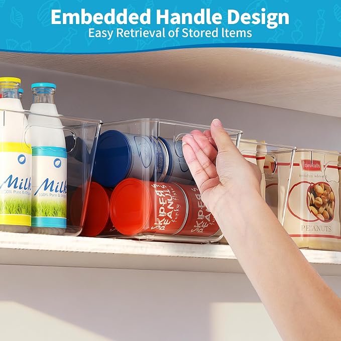 Clear Fridge Organizer Bins with Handles, 4 Pack Large 11.5×7.5×6 Inch | Clear pantry food storage bins with handles, ideal for kitchen, countertops, cabinets, fridge and freezer