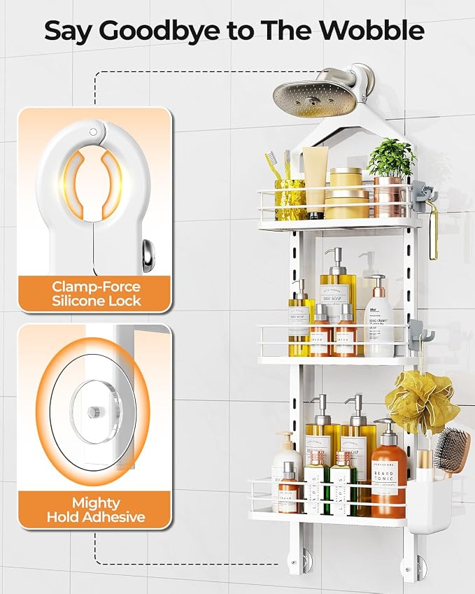 ODesign 3 Tier Adjustable Shower Caddy Hanging Over Head Anti-Swing White | Shower organizer hanging,no drilling required,comes with removable hook and storage box, suitable for indoor showers