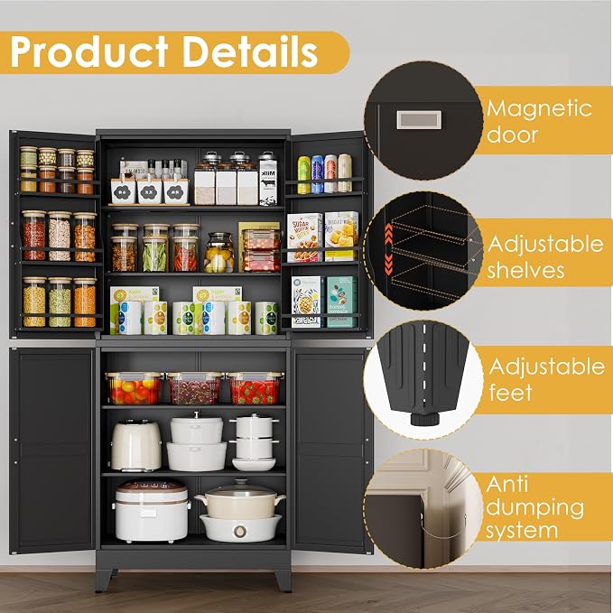 75" Tall Metal Kitchen Pantry Storage Cabinet, Freestanding Cupboard Storage Cabinet with 4 Doors and 4 Adjustable Shelves, Large Stand Up Food Cupboard for Dinning Room, Bathroom（Black）