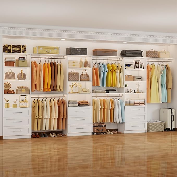 Closet System with 9 Drawers, 9-17FT Custom Closet Organizer System Wood with 9 Hanging Rods & Adjustable Shelves, Walk in Closet Organizer Shelving System, Modular Closet Systems Kits, 3 Sets, White