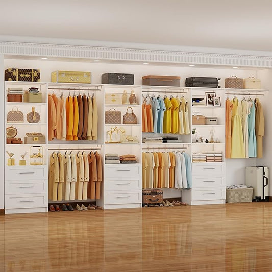 Closet System with 9 Drawers, 9-17FT Custom Closet Organizer System Wood with 9 Hanging Rods & Adjustable Shelves, Walk in Closet Organizer Shelving System, Modular Closet Systems Kits, 3 Sets, White