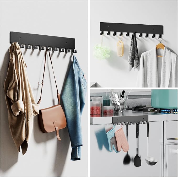 GTK Key Holder for Wall, Key Hooks with 10 Hooks, Wall Mounted Key Holder for Hallway, Self Adhesive Key Rack(Black)