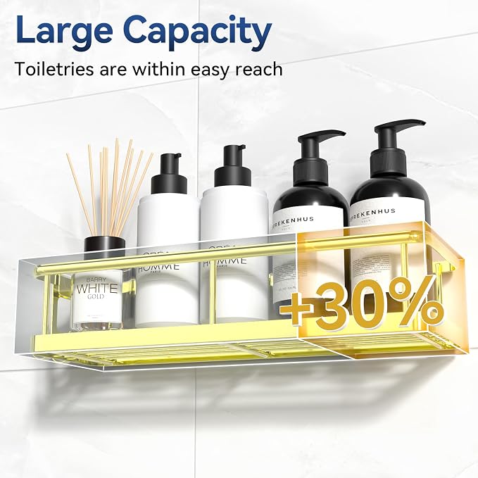 YASONIC Shower Caddy Adhesive, Rustproof Shower Organizer with Soap Holder, Large Capacity Shower Shelves for Inside Shower, No Drilling Bathroom Organizers and Storage for Home Decor（3 Pack Gold）