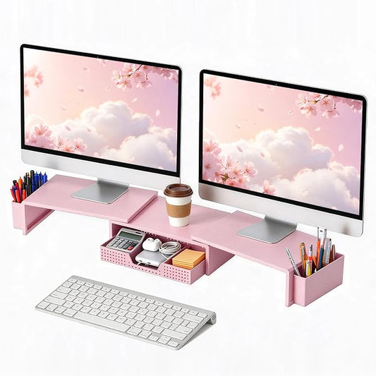 LEKETREE Dual Monitor Stand Riser with Drawer, Desk Organizer and Accessories, Monitor Stand for Desk, Desktop Stand for Computer, Laptop, TV and More (Pink)