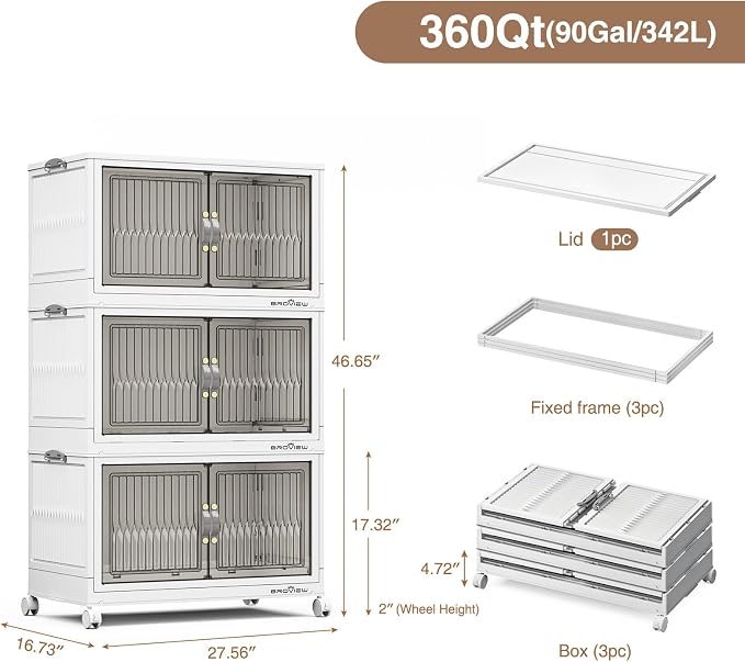BROVIEW 360 Qt Stackable Storage Bins with Lid, Plastic Closet Organizers and Storage Drawer, Collapsible Storage Box with Wheels, Folding Storage Cabinet for Closet Clothes Organization, 3Pack White