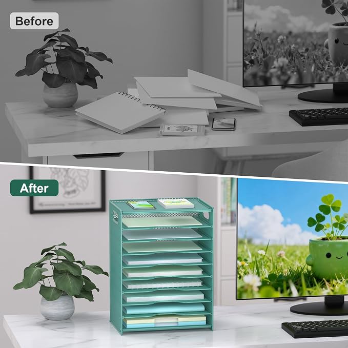 OUTWOLF 10 Tier Paper Organizer - Letter Tray Mesh Desk File Organizer with Handles for Office School Desktop, Green
