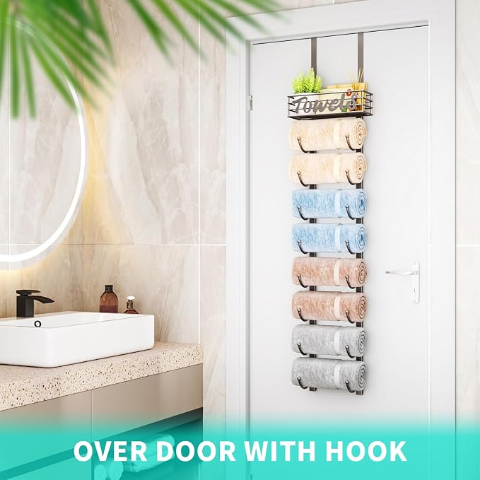 HapiRm Towel Racks for Bathroom Storage - 9 Tier Over The Door & Wall Mount Rolled Towel Storage Organizer Holder with Metal Shelf Basket for Small Bathroom, Camper, Rv - Patented