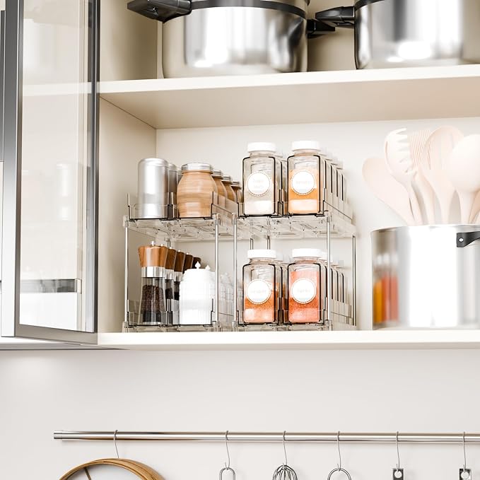 2 Tier Sliding Spice Racks for Cabinets,2 Pack 10.4'' Deep Narrow Vertical Spice Rack Pull Out for Inside Cabinets,Kitchen,Pantry,Cupboard Seasoning,Jar Organizer and Medicine Cabinet Storage