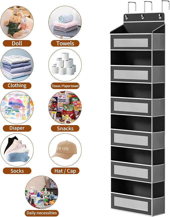 AQOOA 6-Tier Over The Door Organizer 44 lbs Capacity fit Standard Doors | Over the Door Storage 6 Large 12 Side Pockets Behind Door Storage, Closet Door Organizer Hanging Shelf, Black