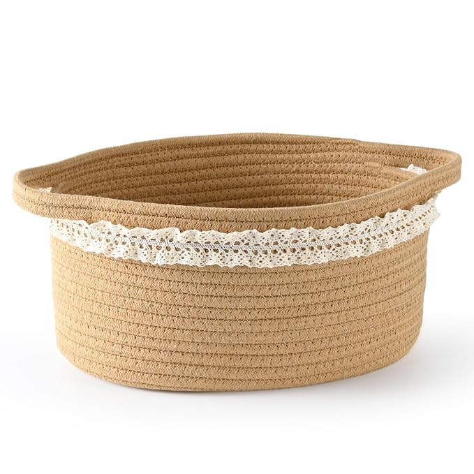 Happyiren Brown Woven Cotton Rope Storage Basket with Lace Trim | Collapsible Toy Organizer, 13" D x 8" W x 6" H, Decorative Basket for Nursery