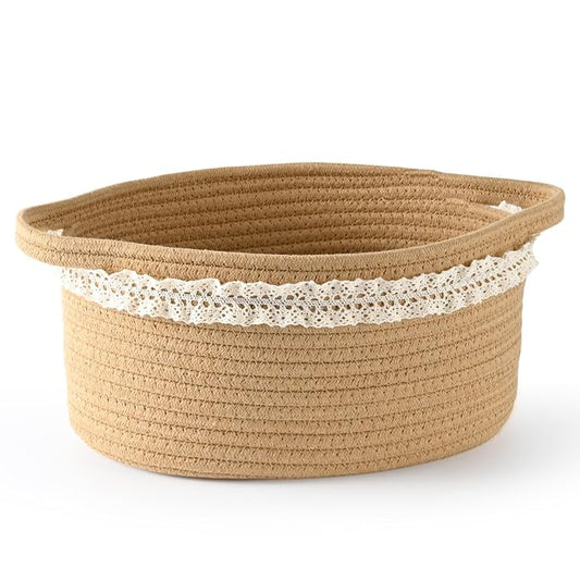 Happyiren Brown Woven Cotton Rope Storage Basket with Lace Trim | Collapsible Toy Organizer, 13" D x 8" W x 6" H, Decorative Basket for Nursery