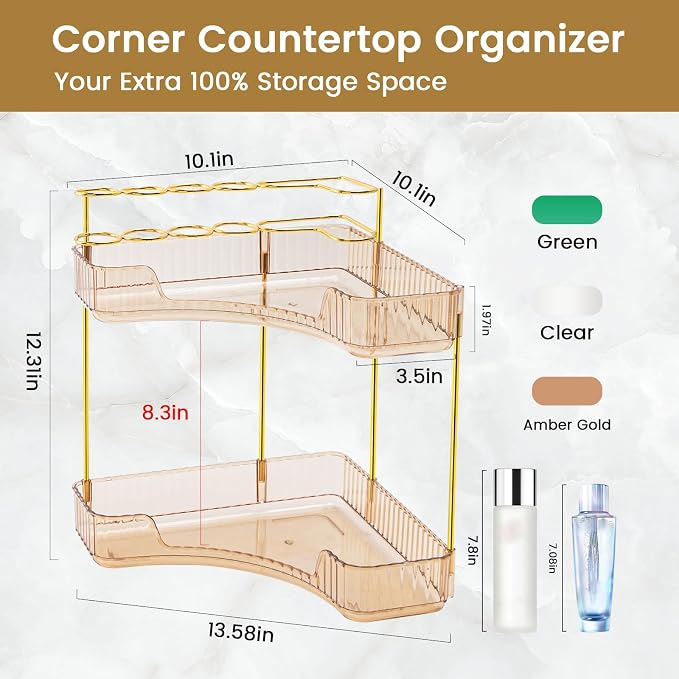 Makeup Organizer 2-Tier Bathroom Counter Organizer with Makeup Brush Holder | Corner Bathroom Organizer Countertop, Acrylic Counter Storage for Bathroom Dresser, Skincare Perfume Organizer-Amber Gold