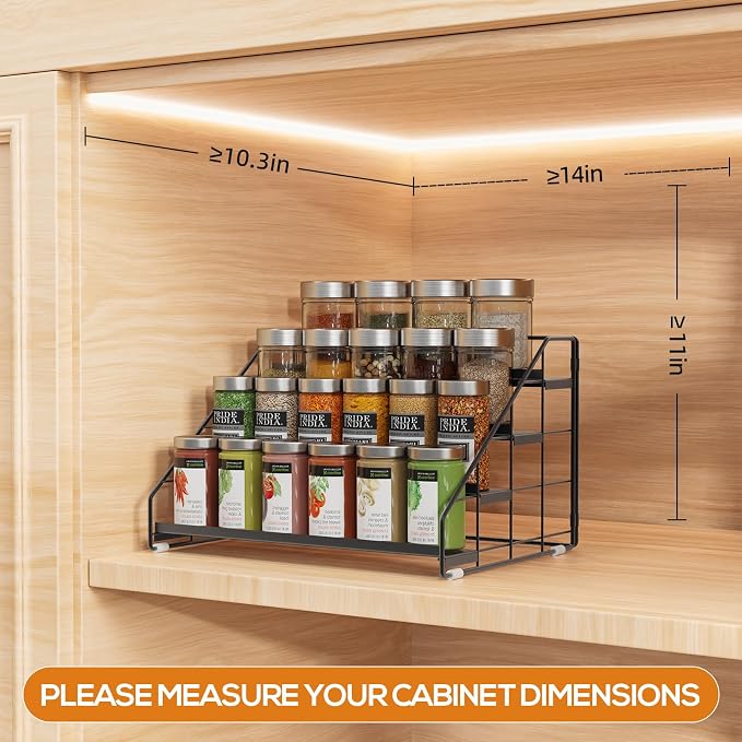 Spice Rack Organizer for Cabinet, 4 Tiered Spice Rack Organizer, Tiered Adjustable Spice Shelf for Kitchen Countertop Organization, Bright Black