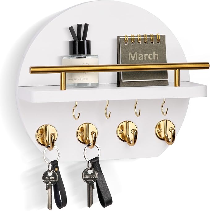 Nekon Key Holder for Wall - 9.8 Inch Apartment Wall Decor with Shelf and 8 Key Hooks, Circular Wood Key Hanger for Home Decor (White with Golden Hooks)