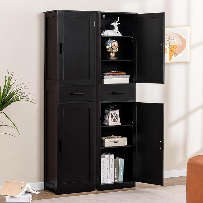 usikey 67'' Tall Storage Cabinet with 4 Shelves & 2 Doors, Bathroom Cabinet with 1 Drawer, Narrow Storage Cabinets for Bathroom, Living Room, Home Office, Black