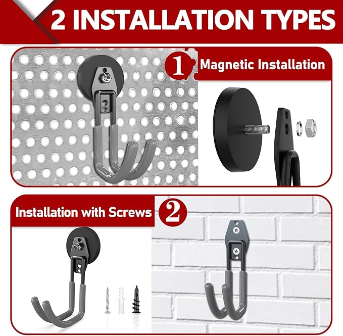 3-H Heavy Duty Magnetic Hooks, Large Magnet Hooks,4 Pack Gray | No-Drill Tool Holder for Garage,Power Drill,Garden Tools,Hose Storage