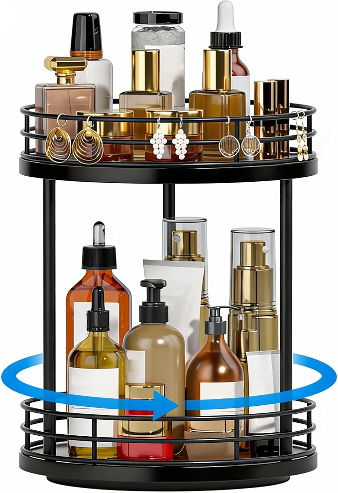 2-Tier Rotating Bathroom Countertop Organizer, Wooden Makeup Vanity Storage, Multifunctional Lazy Susan Turntable for Skincare, Perfume and Cosmetics (Black)