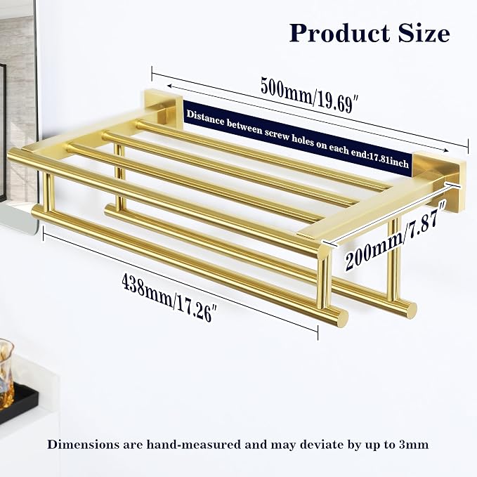 Alise Double Towel Rack for Bathroom Wall Mounted 20 Inch,Brushed Gold | SUS304 Stainless Steel Towel Rack with Shelf,Bathroom Tower Holder Towel Shelf with Double Towel Bars for Bath Kitchen