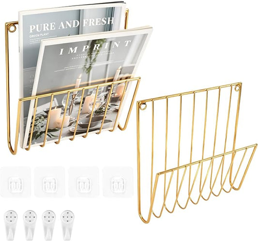 2 Pack Minimalist U-Shaped Wall Magazine Holder, Metal Wall Mounted File Organizer, No Drill Hanging Paper Mail Folder Rack for Home Office Document Magazine Storage
