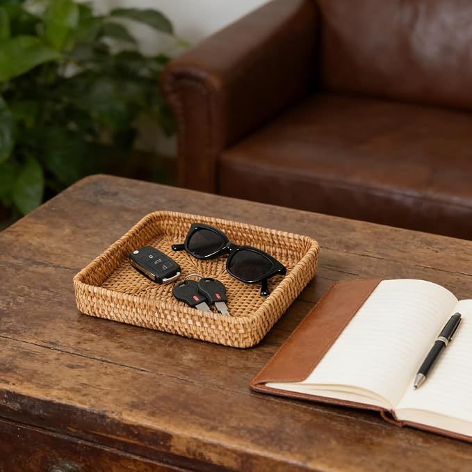 Rattan Serving Tray, Square Wicker Storage Basket for Organizing | Natural Rattan, Decorative Serving Woven Trays Wicker Baskets for Storage, Home Decor, Bathroom, Kitchen Counter