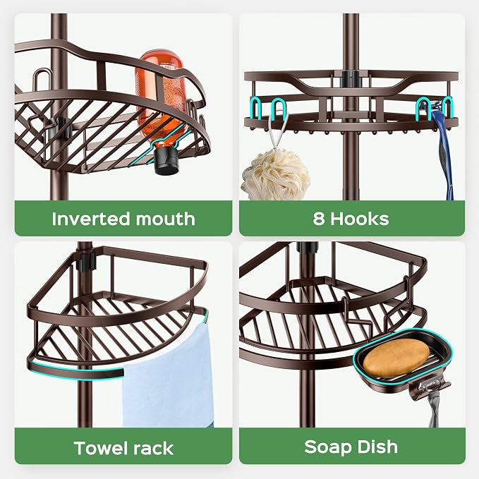 HAMITOR Shower Caddy Tension Pole: Rustproof Quick Install Corner Bathroom Organizer Shelf on Floor for Renters - 4-Tier Large Capacity Storage Rack with Soap Holder for Apartment -47-121 Inch/Bronze
