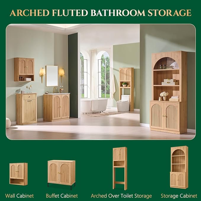 72" Over The Toilet Storage Cabinet, Modern Over Toilet Bathroom Organizer Shelf with Fluted Arched Doors, Wooden Free Standing Bathroom Storage Cabinet with Adjustable Shelf, Space Saver, Natural Oak