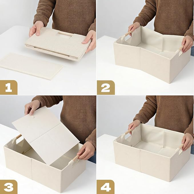 Foldable Fabric Storage Basket for Shelves, Linen Decorative Storage Bin with Wooden Handles, Small Organizer Cube for Closet, Rectangle Canvas Box for Organizing, Decor, 15x10.6x6 Inches (Beige)