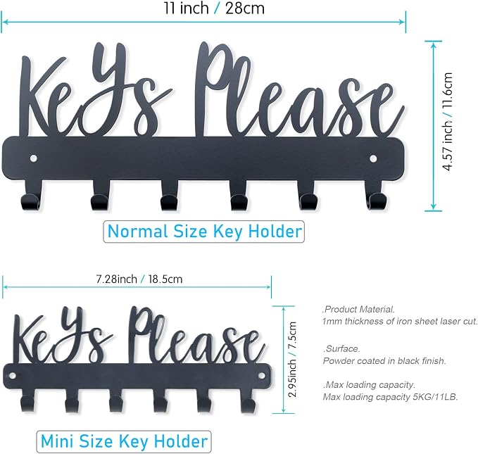 Keys Please Key Holder Wall Mounted, Normal Size: 11x4.57 inches | Black Metal Decorative Rack Hooks for Garage,Mudroom,Hallway,Entryway,Front Door,Office