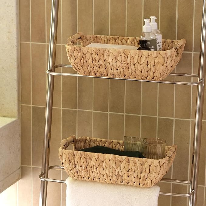 Wicker Baskets with Wooden Handles, Large Water Hyacinth Storage Baskets | 2 Pack, Natural Water Hyacinth Woven Basket for Organizing Shelves, Handwoven Gift Baskets Empty for Snack Display Home Decor