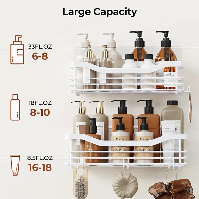 Orimade Shower Caddy Basket Shelf Storage Rack, No Drilling Wall Mounted Adhesive Rust Resistant Stainless Steel Shower Organizer with 5 Hooks for Bathroom, White 2 Pack