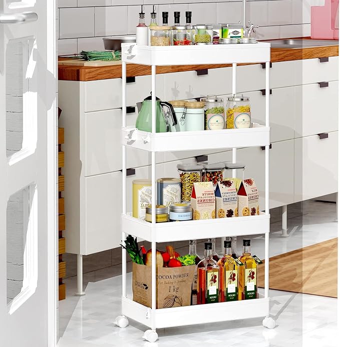 SPACEKEEPER 4 Tier Rolling Cart, Bathroom Cart Organizer with Wheels, White | Mobile Storage Cart for Laundry Room Organization,Kitchen,Office,Bathroom, Utility Cart for Snack,Craft,Art,Makeup,Nail,Toys