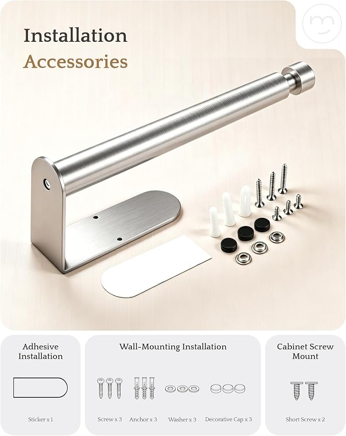 Paper Towel Holder Under Cabinet Adhesive or Drilling Silver | Drill Wall Mount or Adhesive, Easy Roll Loading, Heavy Duty, Stainless Steel Paper Towel Roll Rack for Kitchen, Bathroom