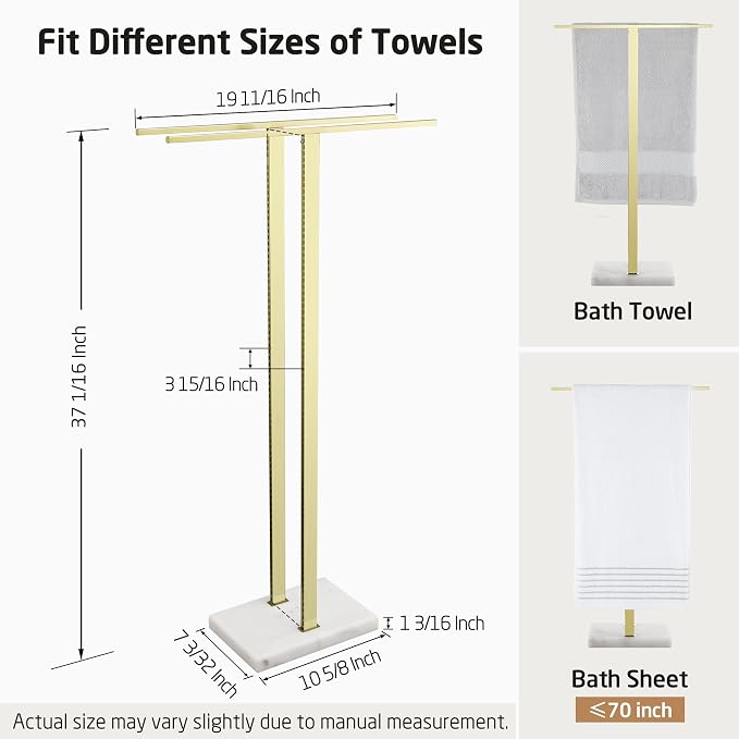 KES Brushed Gold Standing Towel Rack, 37" H, Heavy Marble Base, Bathroom | Equal-Height, Fits Large Bath Towels, Freestanding Design, Modern Luxury, 18/8 Stainless Steel Rustproof