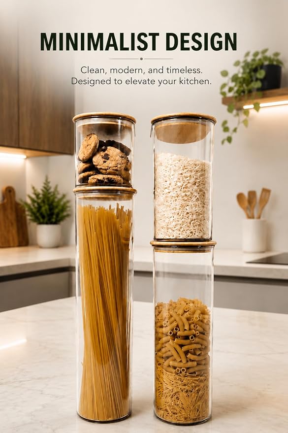 Airtight Food Storage Containers 4 piece Set, BPA-Free Kitchen Canisters with Bamboo Lids & Silicone Seal, Stackable Kitchen Organization.