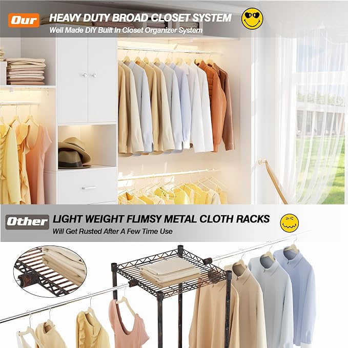 120 Inches Closet System With Doors, 10FT Walk In Closet Organizer with 3 Shelving Towers, Heavy Duty Clothes Rack with 3 Drawers, Built-In Garment Rack, White