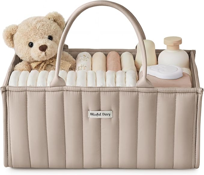 Blissful Diary Baby Diaper Caddy Organizer, Stylish Storage Basket for Newborn Essentials and Diaper Station, Gift for Baby Shower and Registry Must-Have, Sand
