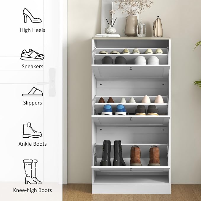 HOMCOM Shoe Storage Cabinet with 3 Flip Drawers, Adjustable Shelves, White | Wooden Freestanding Shoe Organizer, Narrow Design, Entryway, Hallway