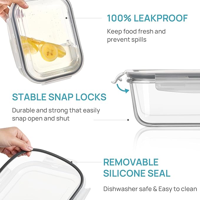 Vtopmart 2Pack 2260ml/76.4oz Extra Large Glass Storage Containers, Grey | Meal Prep Food Container Set with Snap Airtight Lids, Microwave, Oven, Freezer, Dishwasher Safe, Baking, BPA Free