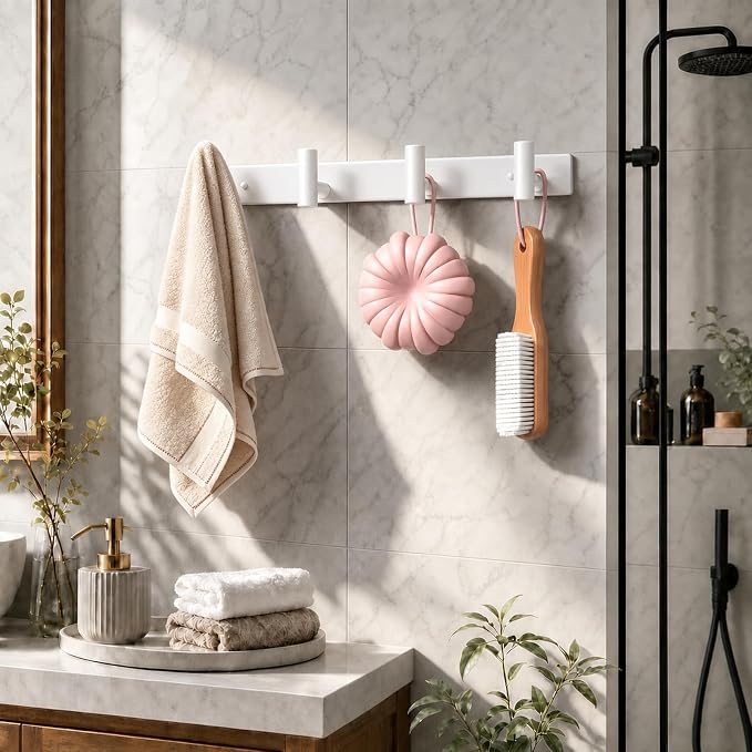 Wall Mounted Coat Rack-4 Hooks, Heavy Duty Stainless Steel Wall Hooks for Towel Coat Bag, Hat Rack Coat Hanger Coat Hooks Towel Racks for Bathroom Entryway Kitchen Office (White, 1 Pack)