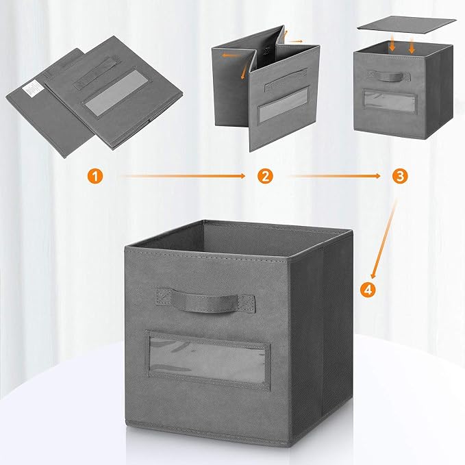13x13x13 storage cube bins (Set of 10) Fabric storage cubes with 10 Labels Window Cards & a Pen, storage cubes 13x13, Collapsible 13 inch cube storage bins, Cubby Organizer Boxes, Gray