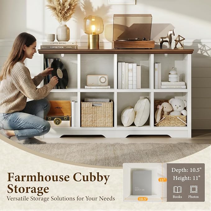 OffiGo 8 Cube Organizer Bookcase, Cube Shelf with Storage, Walnut + White | Modern Farmhouse Design, Open Cube Storage for Books & Decor, Display Shelf, Living Room, Bedroom, Home Office, Entryway