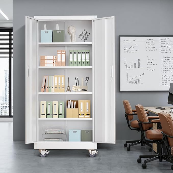 VINGLI Rolling Metal Storage Cabinet with Adjustable Shelves, 71'' Tall Garage Storage Cabinet with Wheels, Locking Tool Cabinets for Home Office Garage Gym School (White)