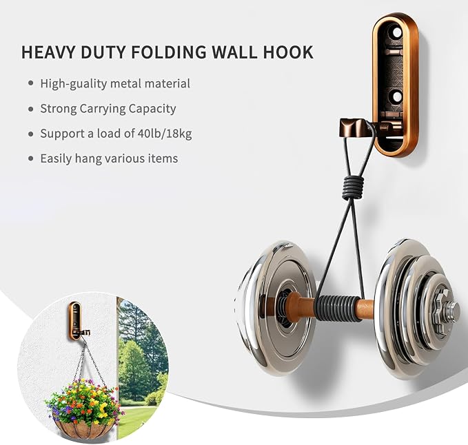 2PCS Foldable Wall Hooks, Flip Down Design with 40 lbs Heavy-Duty Capacity, Retractable Wall Hooks for Bathroom, Bedroom & Entryway Space Saving (Bronze)
