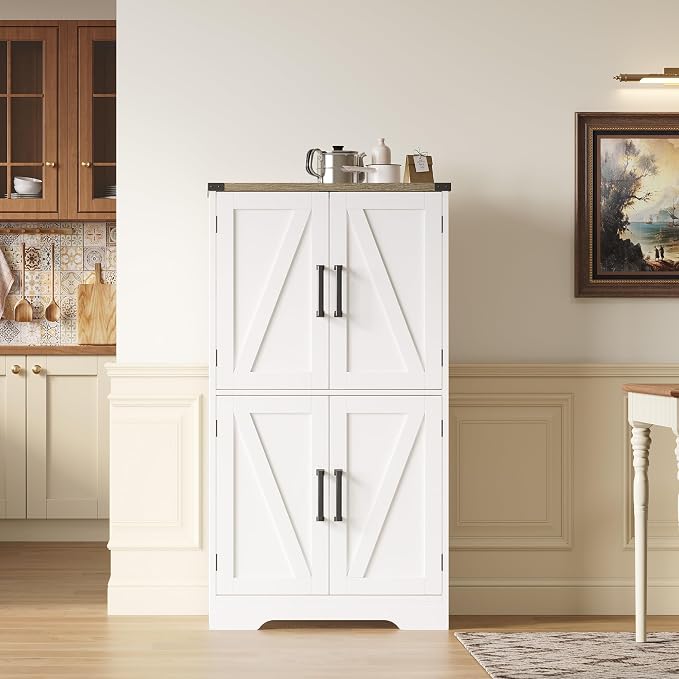 Treocho Farmhouse Bathroom Floor Cabinet with Adjustable Shelves | 13.78"D x 23.62"W x 43.46"H, Freestanding Kitchen Pantry Cabinet, Cupboard for Living Room, Dining Room, White