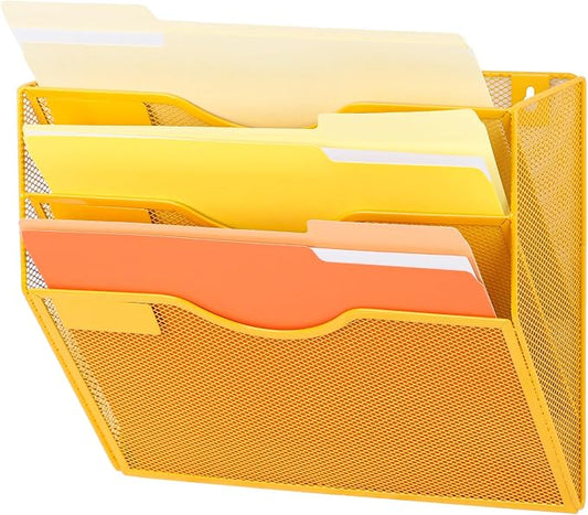 EASEPRES 3 Pocket Mesh Hanging Wall File Organizer, Wall Mounted Mail Paper Document Folder Holder, Clipboard Storage Organization Magazine Rack with Nametag Label for Office Home School, Yellow