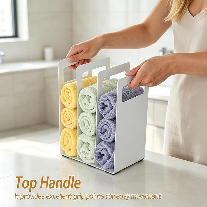 Interlocking Towel Organizer 4-Pack, Metal Bathroom Storage Shelf Rack with Adjustable Width & Pads, Freestanding Countertop Towel Holder for Cabinet, Closet, Hotel