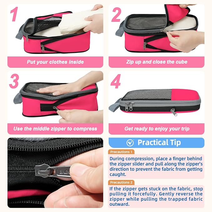 BAGAIL 4 Set/6 Set/8 Set Compression Packing Cubes Travel Accessories Expandable Packing Organizers (Half Mesh, 6-Fuchsia)