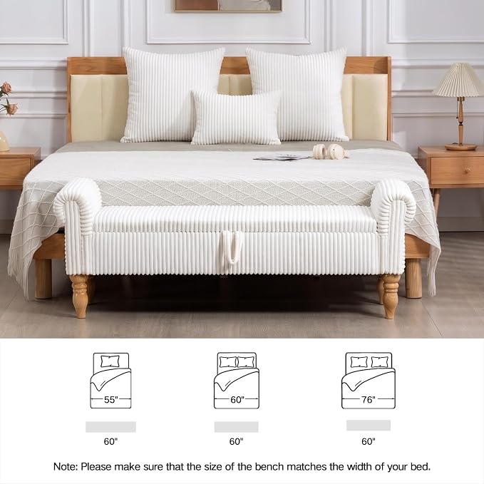 60" Storage Bench for Bedroom,End of Bed Bench with Storage | Corduroy King Size Bench with Rolled Arms,Storage Ottoman Benches for Living Room,Entryway,Benches for Foot of Bed,White